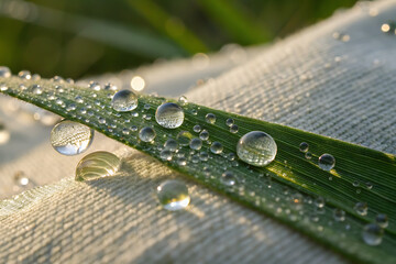 Macro view of dew drops on a green leaf with sunlight reflecting through the water