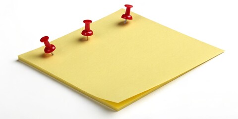 Yellow Sticky Note Pinned with Red Push Pins on White Background, reminder, memo