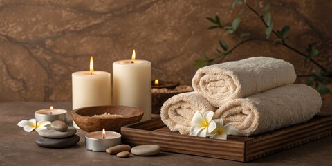 Zen Spa Towels, Candles and Floral Bliss on Wood Tray, wellness, relaxation