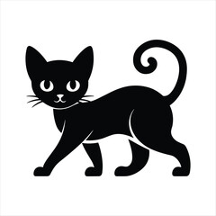 Black cat silhouette walking with curly tail and wide eyes animal
