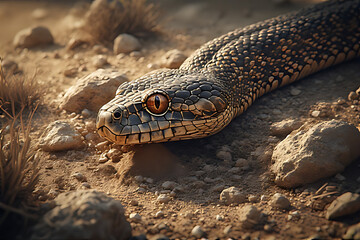 Obraz premium Detailed close-up of a snake lying still on rocky desert soil, beautifully lit capturing the texture of its scales and its surrounding