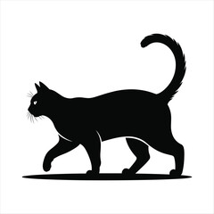 Black cat silhouette walking with tail curled high and pointed ears animal