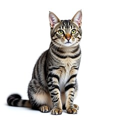 Obraz premium Grey Striped Mixed Breed Cat Sitting Isolated on White Background, High Quality Pet Photo