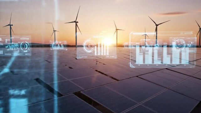Smart renewable energy system with solar panels and wind turbines at sunset