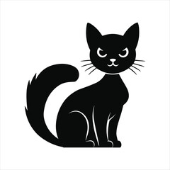 Black cat silhouette with angry eyes and bushy tail sitting animal feline