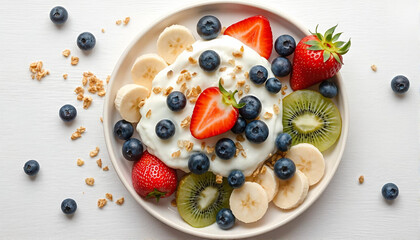Fresh fruit bowl with yogurt, granola, and assorted berries served on a white plate for a healthy breakfast