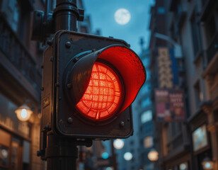 Red traffic light illuminated at night with city buildings and moon in background
