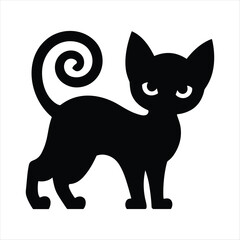 Black cat silhouette with curled tail and green eyes on white background animal
