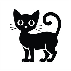 Black cat silhouette with large white eyes and curled tail animal domestic cat