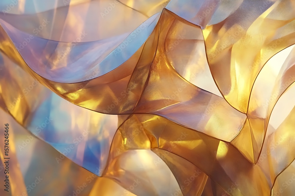Poster abstract flowing golden fabric with iridescent highlights and soft lighting creating a dreamy effect