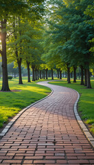 Winding brick pathway through lush green trees in a serene park