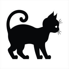 Black cat silhouette with curled tail and alert ears on white background animal