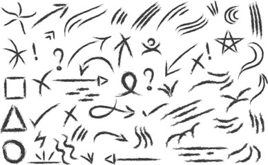 Hand Drawn Brush Stroke Arrows, Scribbles, and Symbols Set. Grunge Sketchy Doodle Lines, Shapes, Icons Isolated on White Background