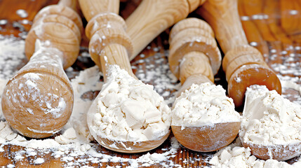 Ingredients for baking - flour in wooden measuring spoons, a rolling pin and a wooden rolling pin, ethno