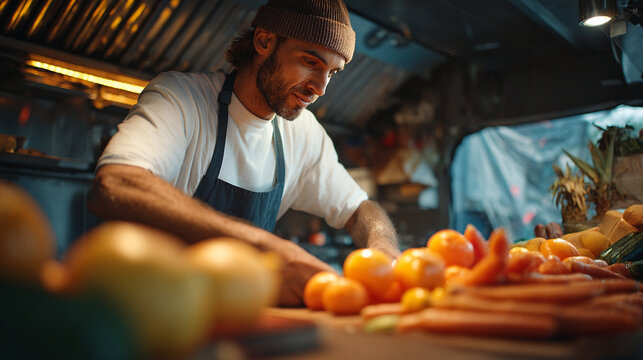 A chef in a food truck cooking with an AR system projecting orders, timers, and ingredient substitutions in a compact workspace