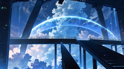 Naklejka premium Bridge to Nowhere: A long, elegant bridge made of translucent crystal arches high over an endless abyss, disappearing into a swirling fog on the other side. 