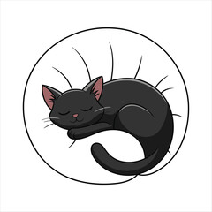 Black cat sleeping curled up inside a circle outline vector
