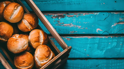Baked buns in a wooden box on a blue wooden background