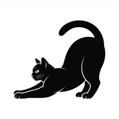 Black cat stretching on white background silhouette yoga