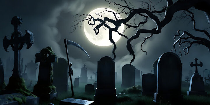 Moonlit graveyard with scythe and tree at night

