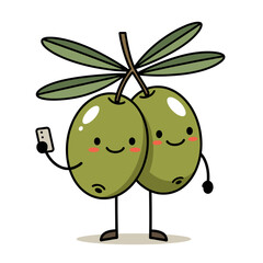Cartoon olives smiling and taking a selfie with a smartphone  