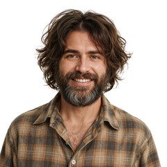 Happy bearded man smiling confidently, looking at camera on an isolated transparent background.