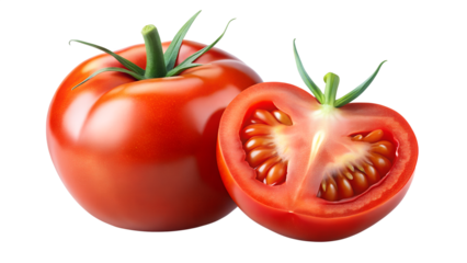 Fresh red tomato and sliced tomato on transparent background