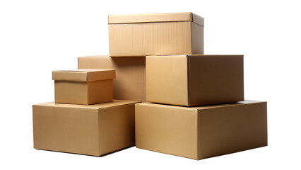 Stacked cardboard boxes for shipping and moving on transparent background