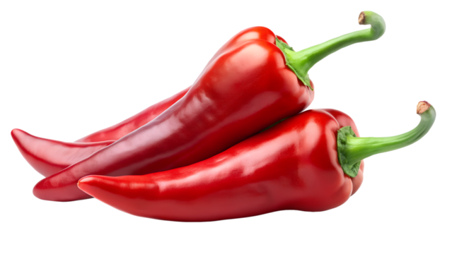 Three fresh red sweet pointed peppers on transparent background