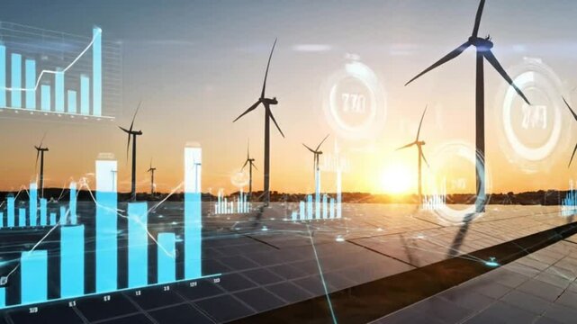 Smart renewable energy system with solar panels and wind turbines at sunset - Powered by Adobe