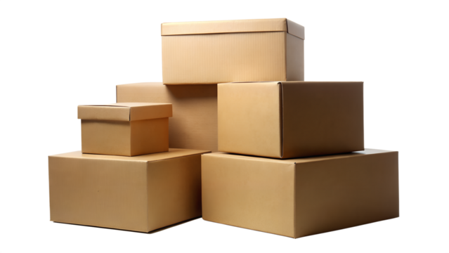 Stacked cardboard boxes for shipping and moving on transparent background