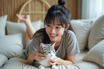 Woman play with cat, lay on sofa indoors living room, pet friendly