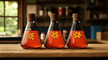 Three Erlenmeyer Flasks with Orange Liquid