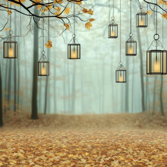 Hanging candle lanterns among autumn leaves in a foggy forest setting