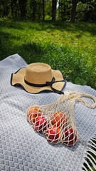 Straw hat and eco mesh bag with peaches on picnic blanket in sunny green meadow. Concept of slow...