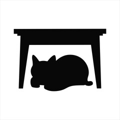 Black silhouette of a cat lying under a table on white background feline animal