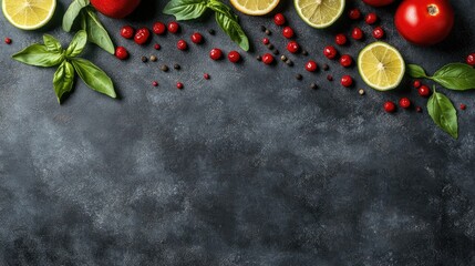 Fresh herbs, fruits, and spices arranged on a dark textured surface.
