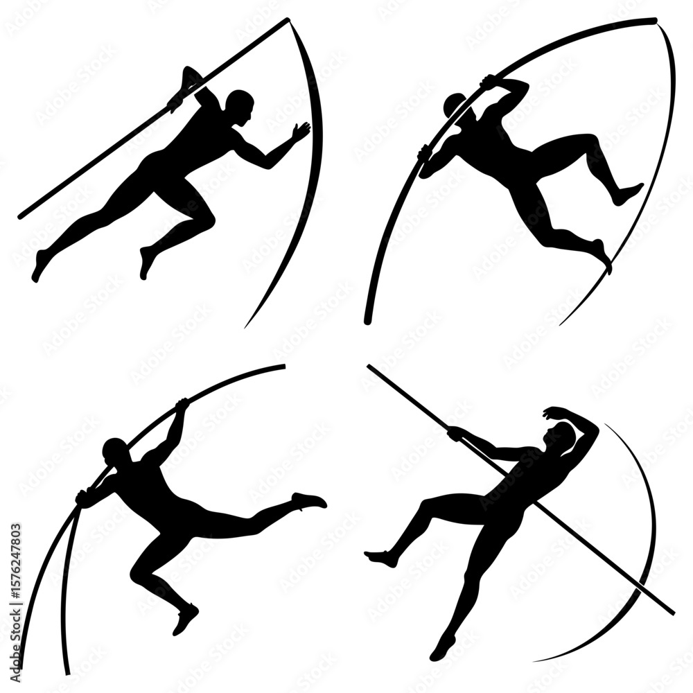 Poster silhouette illustration showing four stages of a pole vaulter in action during a vaulting sequence