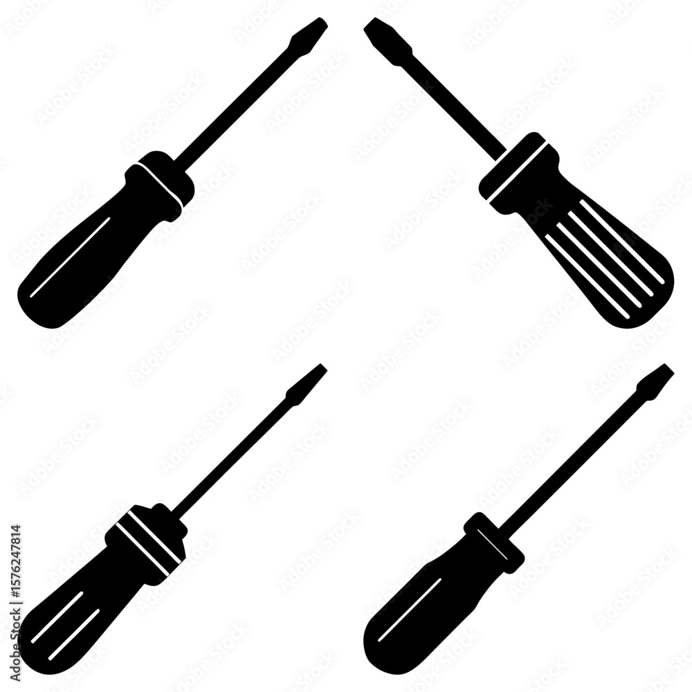Poster four black screwdrivers with different handle designs arranged on a white background surface view