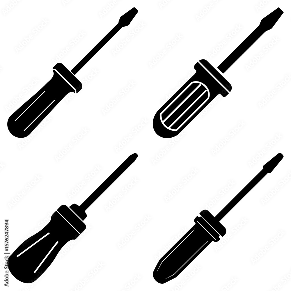 Poster Four screwdrivers with different handles arranged in a square on a white background image view