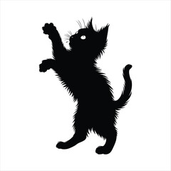 Black silhouette of a playful kitten reaching up with its paw white background