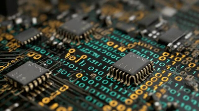 Close-up of circuit board with binary code