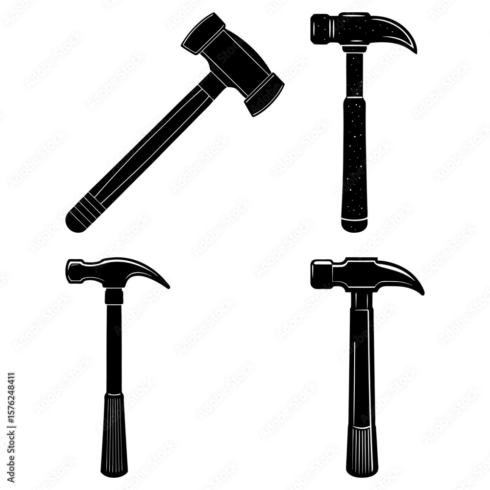 Poster four black and white hammers in different styles displayed on a white background in a vector image