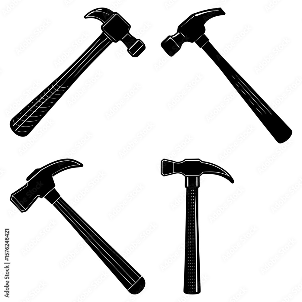 Poster four black and white hammers in different positions against a white background in a vector image