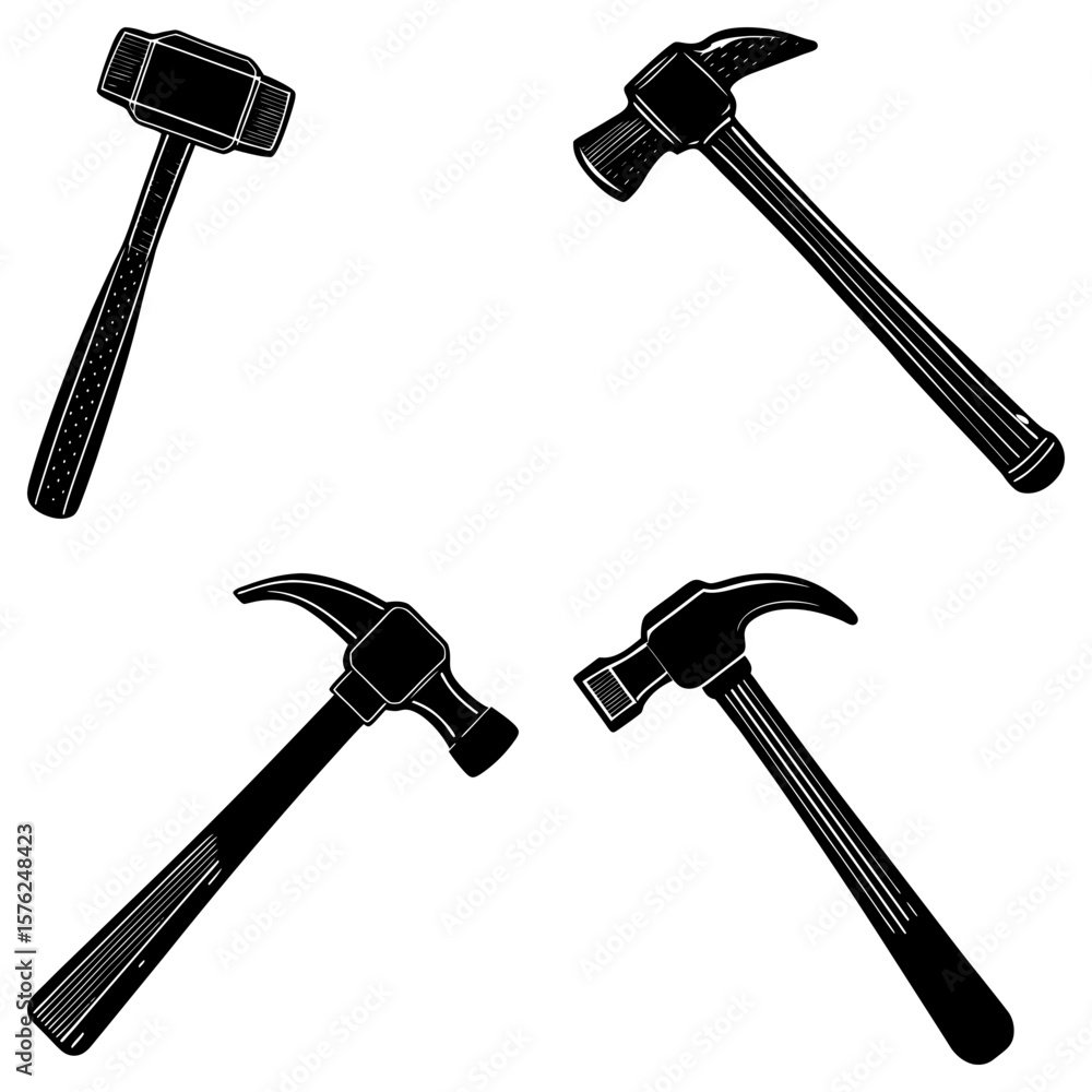 Poster illustration of four hammers with different head types and handle designs in black and white style