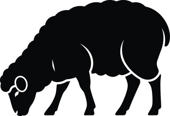 Fototapeta premium A grazing sheep silhouette with thick wool, isolated on white background, evokes the tranquility of rural farmland and the bounty of nature