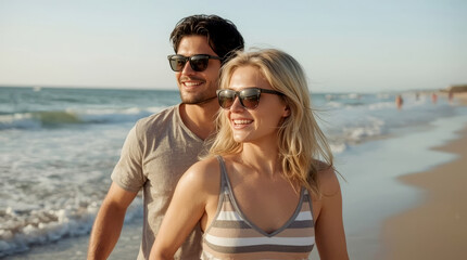 Fototapeta premium Smiling young couple walking on beach, happy, multi-ethnic couple with sunglasses enjoys a sunny day at the beach, walking along the shoreline with the ocean waves gently breaking in the background.