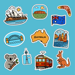 Cartoon icons of Australia landmarks, animals and culture on blue background, travel design set