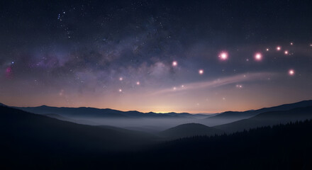 Fototapeta premium Stunning night sky with the Milky Way and bright stars over majestic mountains and glowing horizon at dawn or dusk, beautiful landscape astrophotography.