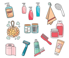Color icons of bathroom, shower and hygiene items, personal care tools, doodle cartoon style set